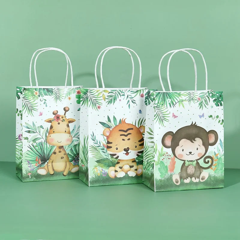 sacs cadeau anniversaire enfant animaux jungle tigre singe éléphant zèbre aquarelle adorable blanc vert