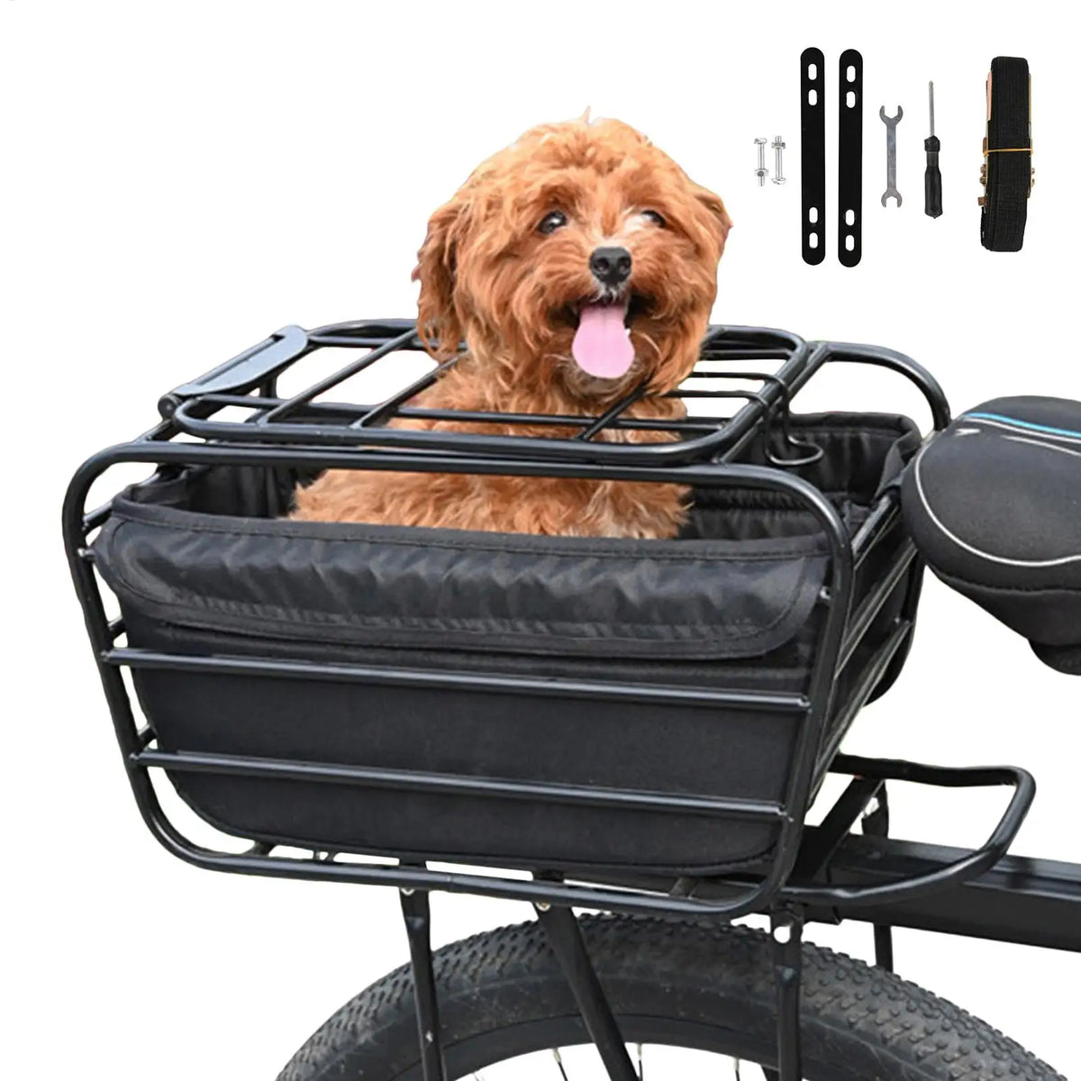 panier vélo métallique noir sacoche tissu accessoires montage rustique utilitaire commuting touring chien poodle