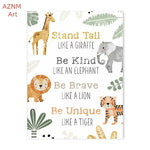 affiche toile animaux jungle lion zebre elephant decor chambre enfant cartoon beige vert