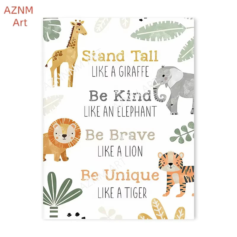 affiche toile animaux jungle lion zebre elephant decor chambre enfant cartoon beige vert
