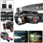 lampe frontale led rechargeable noire orange ceinture ajustable mode bas moyen haut étanche camping