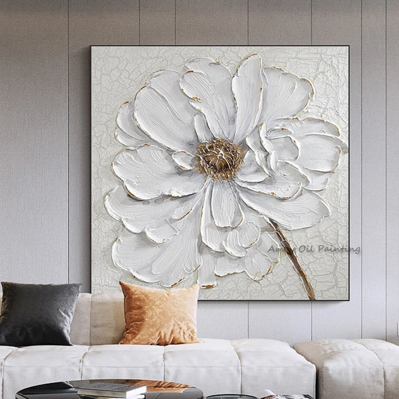 tableau abstrait moderne fleurs blanches peinture huile toile carré blanc doré 50x50cm 60x60cm 70x70cm
