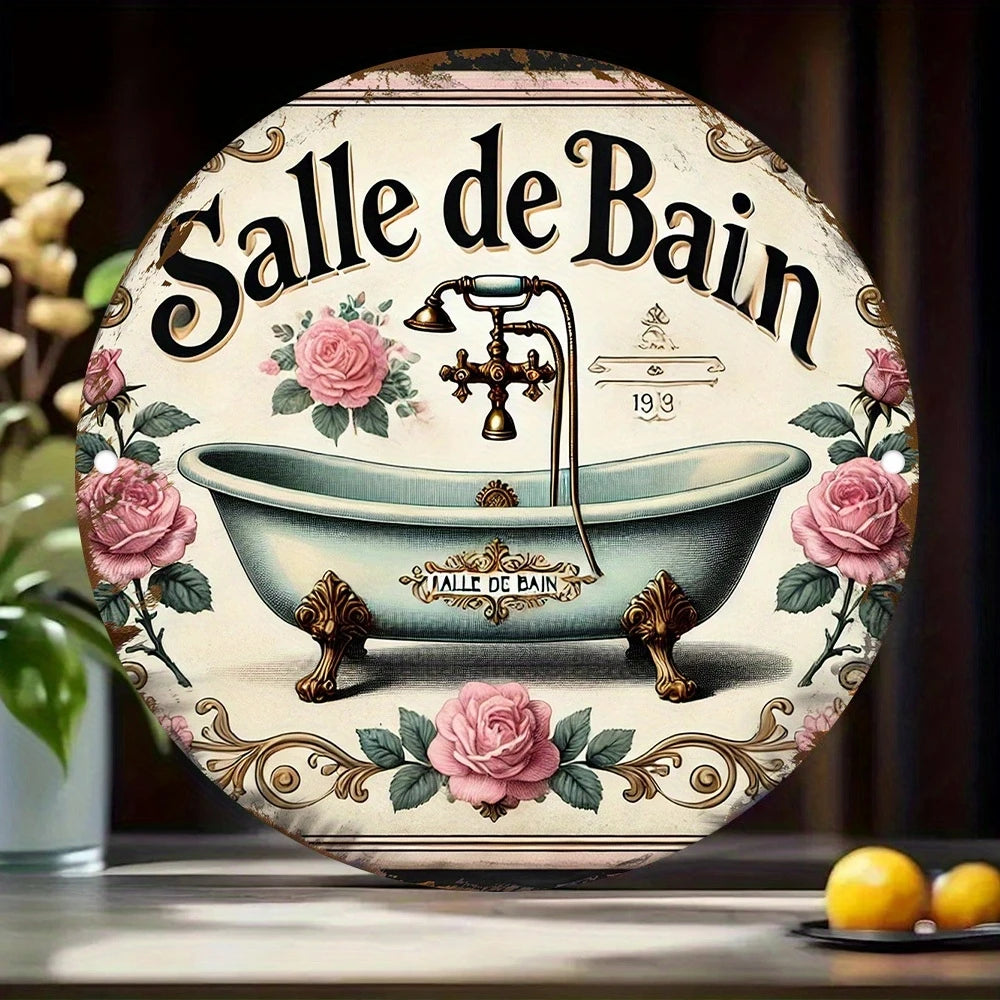 plaque décorative bois fleurs roses vintage salle bain romantique vert clair rose beige doré