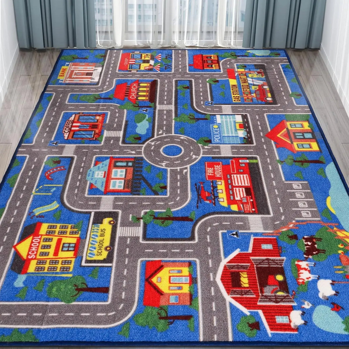tapis urbain enfant voitures routes arbres polyester polypropylène moderne vert jaune rouge noir 160cm