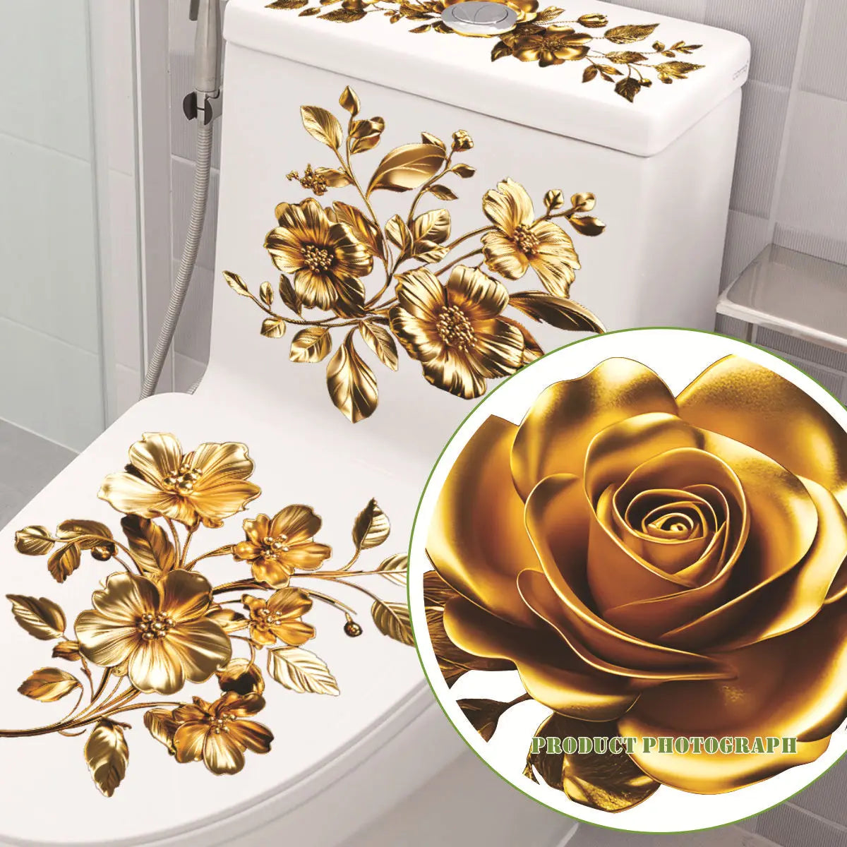 sticker decoratif or fleurs 3d adhesif toilette reservoir siege salle bain