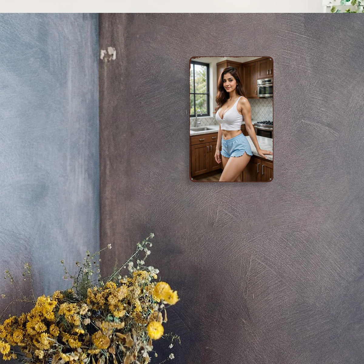 panneau decoratif vintage femme cuisine metal retro fixation mur blanc marron bleuclair