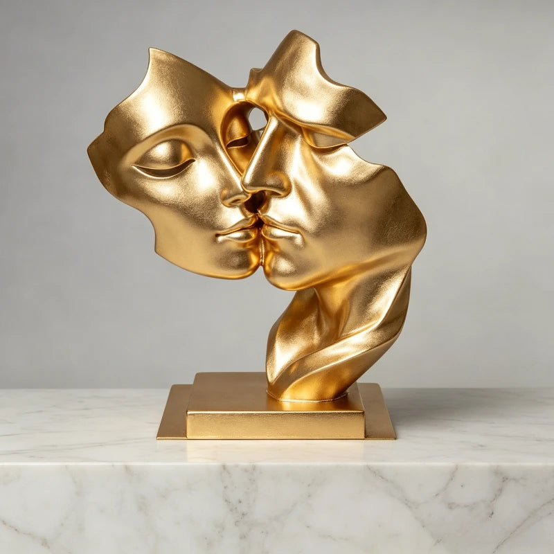 sculpture moderne deux visages enlacés blanc noir doré argenté minimaliste surface lisse socle