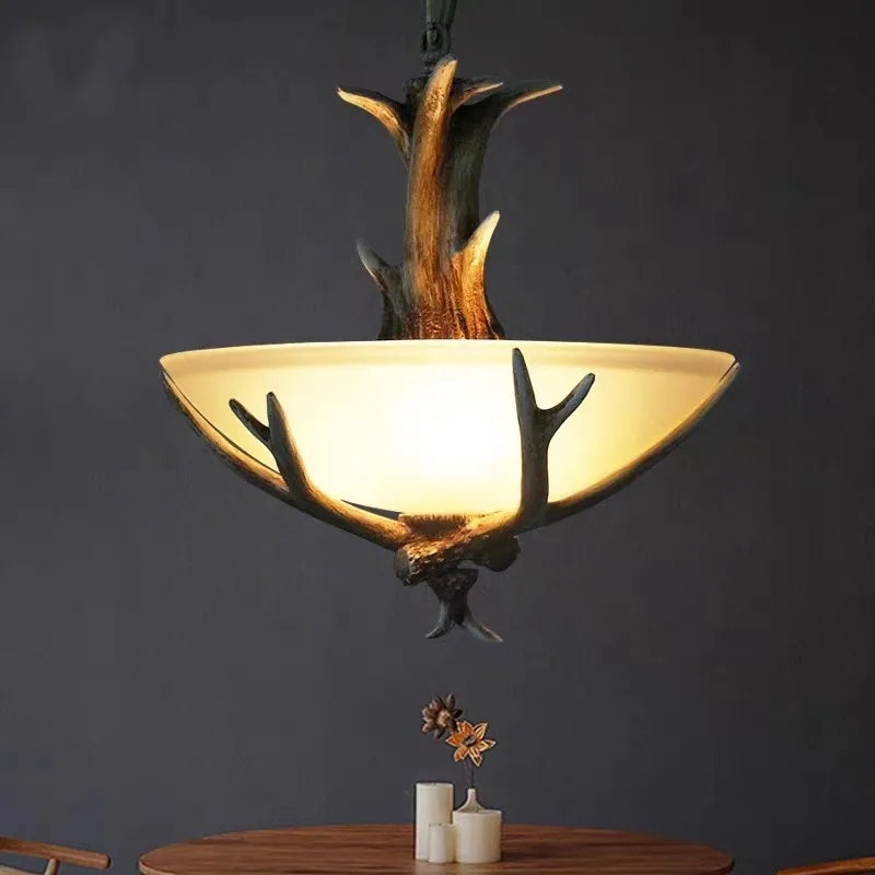lampe suspendue vintage cornes cerf marron rustique abat jour verre led chambre salon