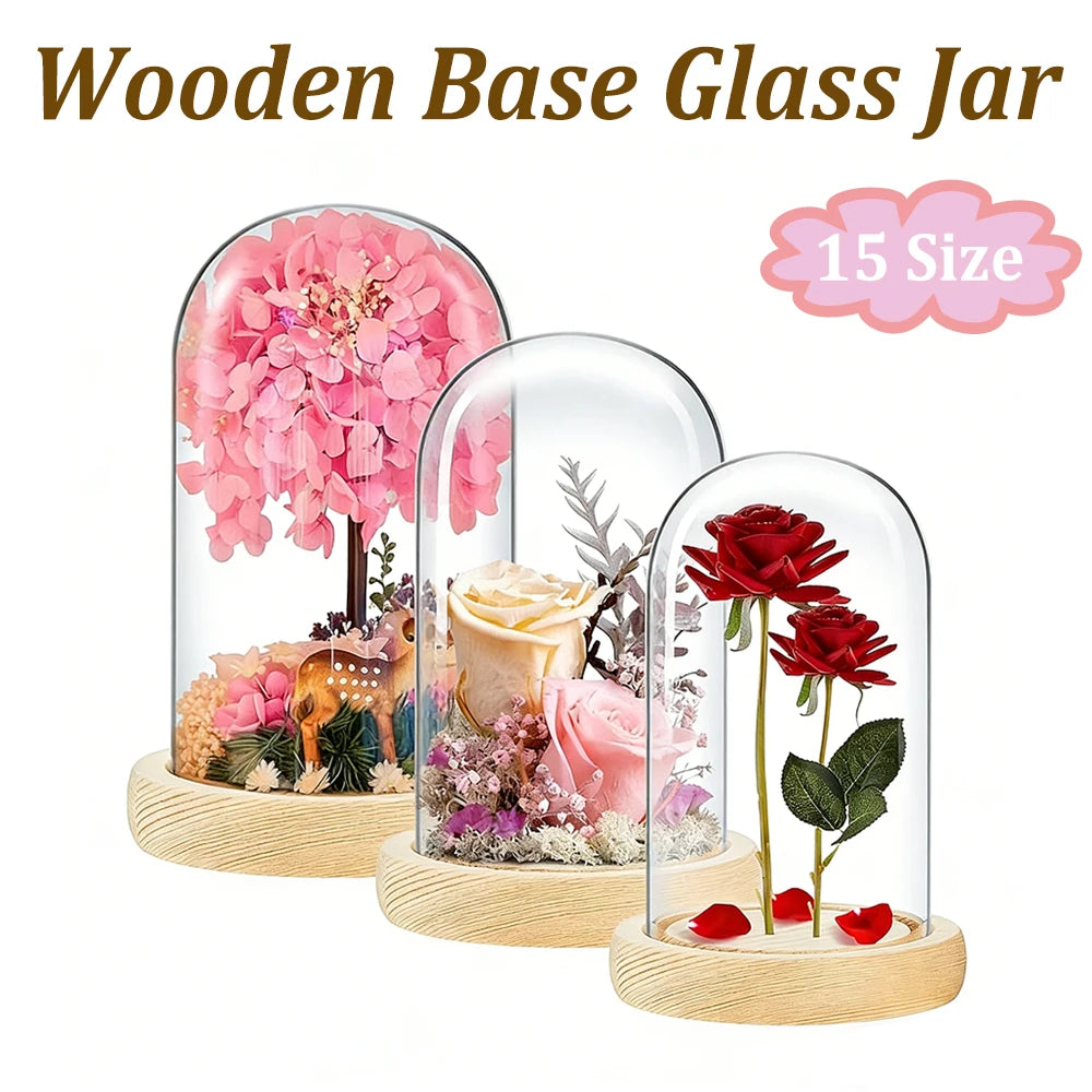 cloche verre transparent base bois jarre deco moderne minimaliste display centerpiece