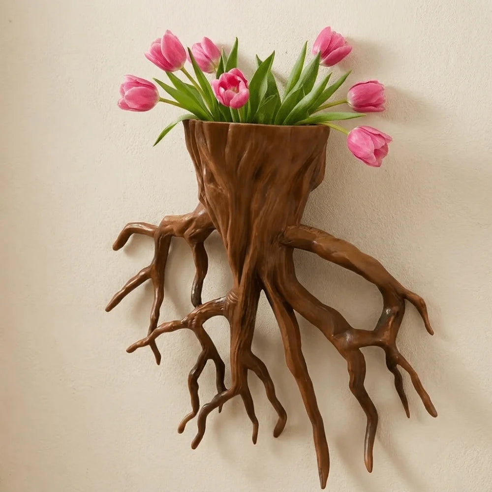 pot fleurs mural forme tronc arbre racines apparentes imitation bois texture rugueuse naturel rustique