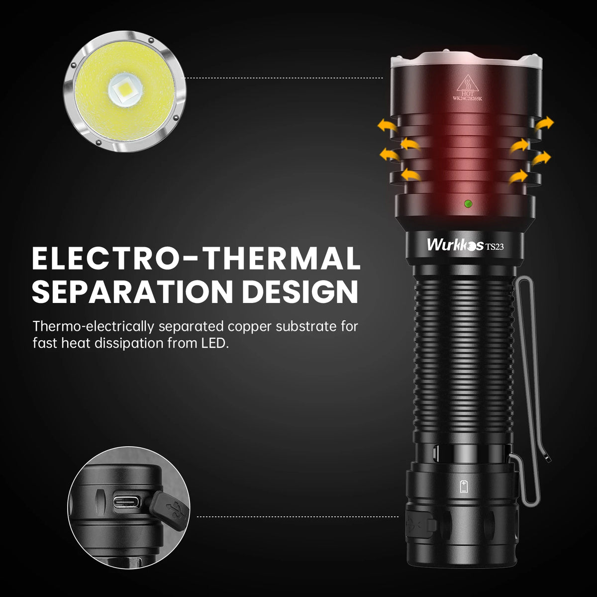 lampe torche noire rayures verticales moderne rechargeable ipx8 5000lm led hiking camping