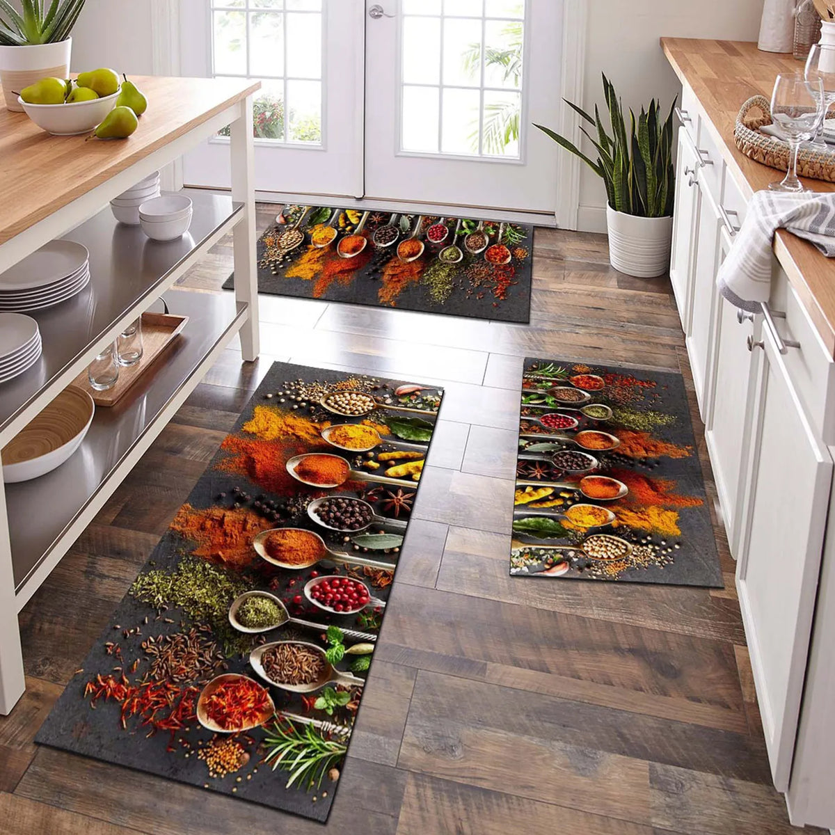 tapis sol antidérapant imperméable motifs épices cuisine moderne orange rouge vert