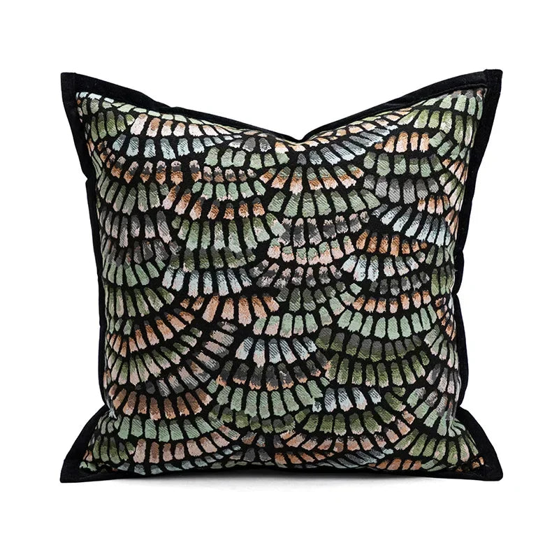 housse coussin jacquard motif forêt tropicale noir vert beige blanc décor maison voiture 45x45cm