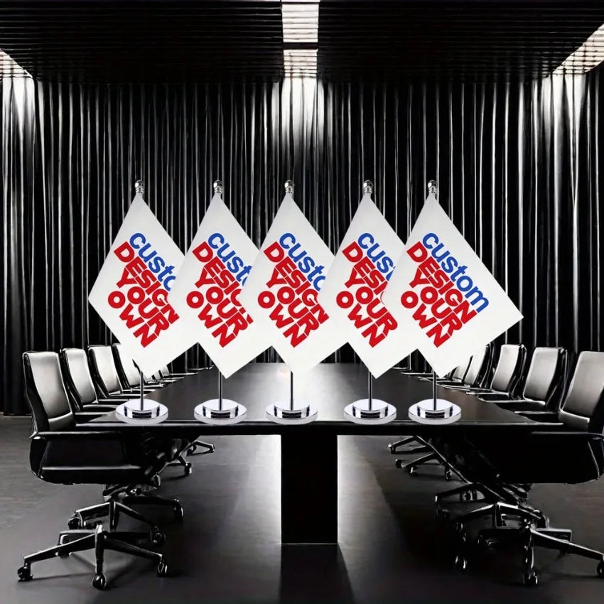 drapeau table personnalisable polyester décoratif héraldique socle métallique base circulaire texte imprimé motifs décoratifsintérieurextérieur