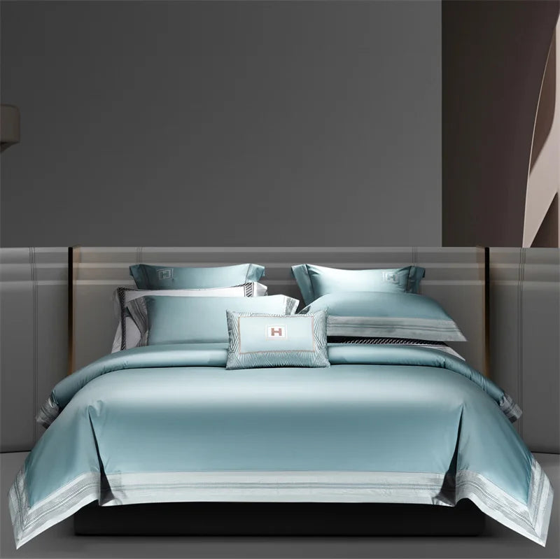ensemble literie bleu clair broderies moderne 100 coton ultra doux king queen size