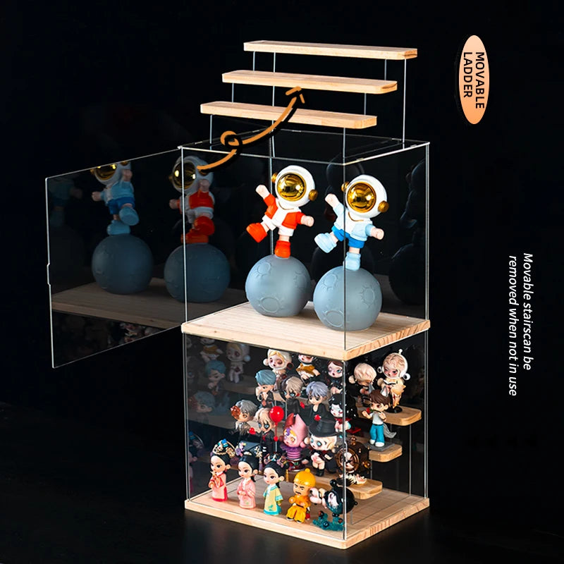 étagère figurines transparente moderne bois clair réutilisable pliable organisateur collection carrée respectueuse environnement minimaliste