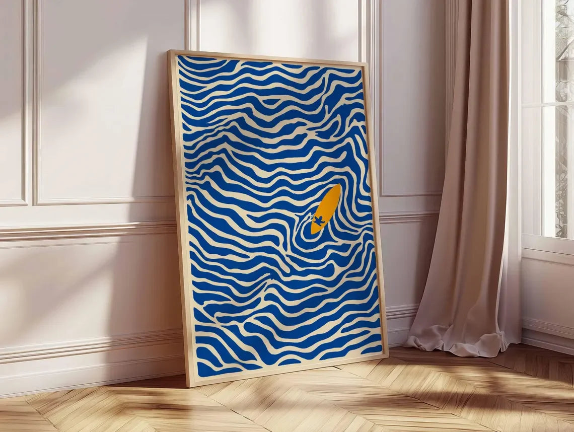 affiche moderne surfeur bleu blanc jaune vague ondulée rectangle vertical sans cadre