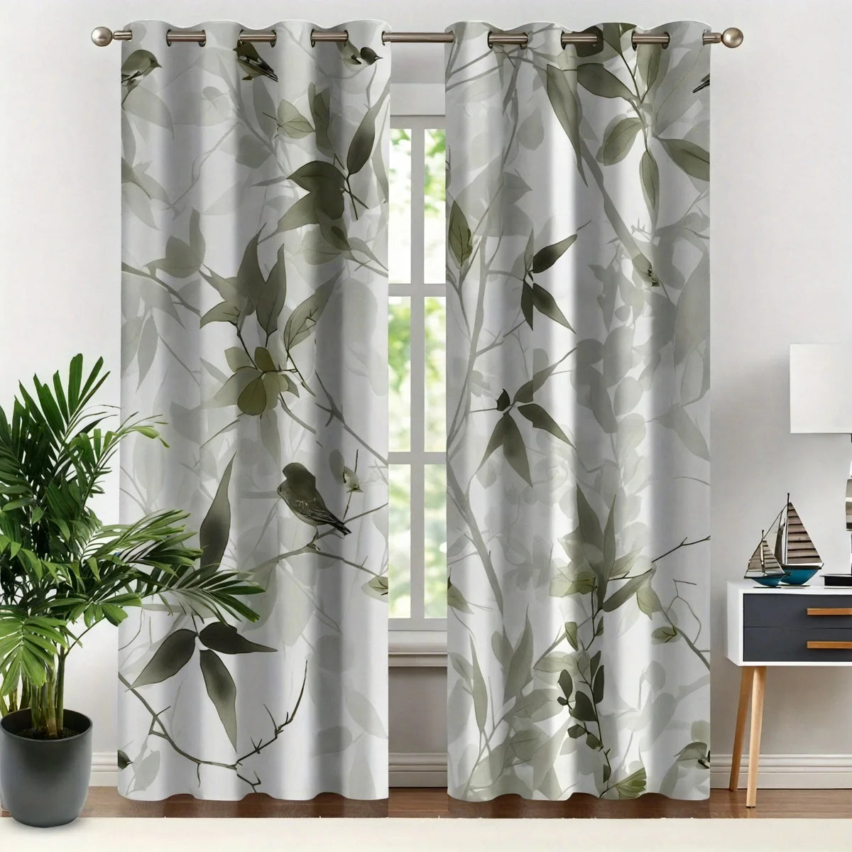 rideau imprimé feuilles oiseaux 100% polyester moderne blanc vert gris pièces
