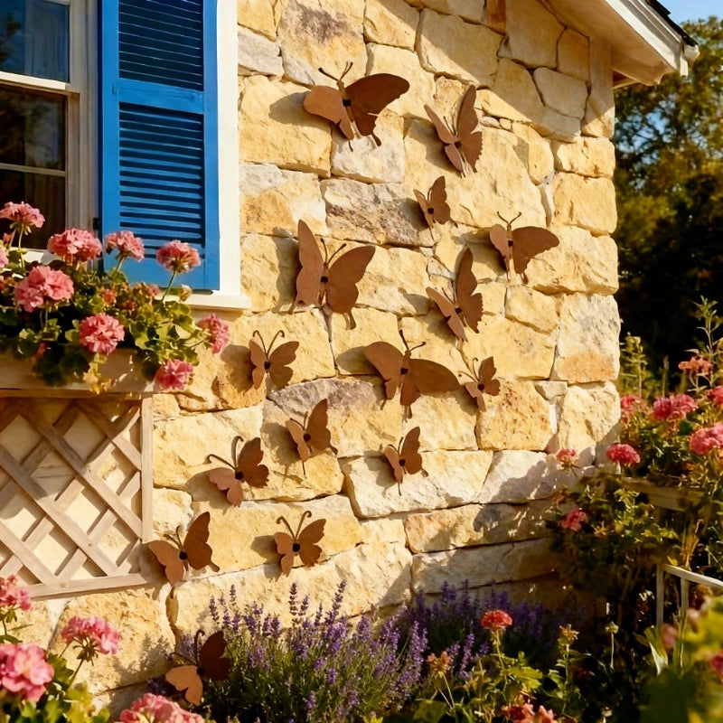 décorations murales papillons métalliques différentes tailles marron rouille bleuextérieur patio jardin champêtre nature