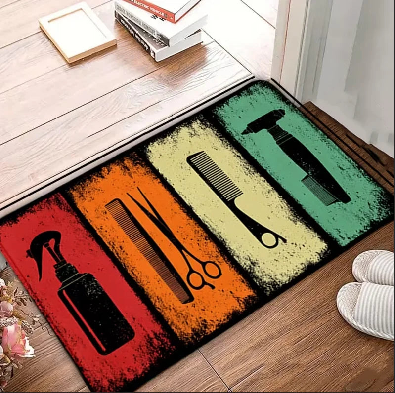 tapis sol vintage barber shop lettres motifs coiffeur noir blanc rose violet