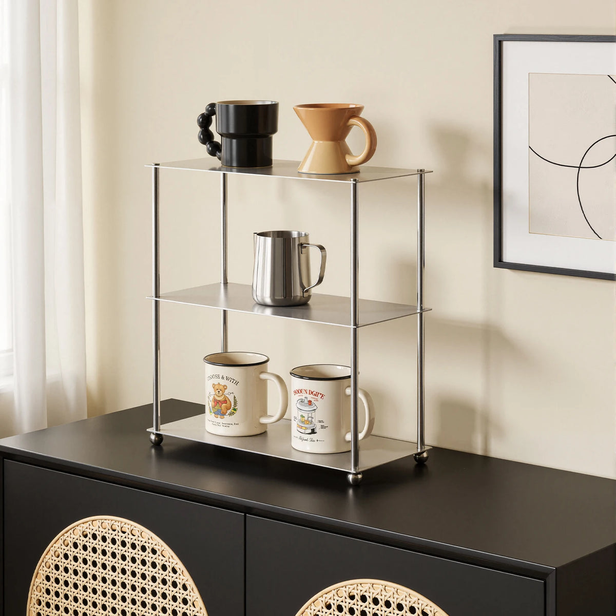 présentoir moderne multi niveaux acier inoxydable verre transparent rangement tasses bougeoir sablier cosmétiques minimaliste
