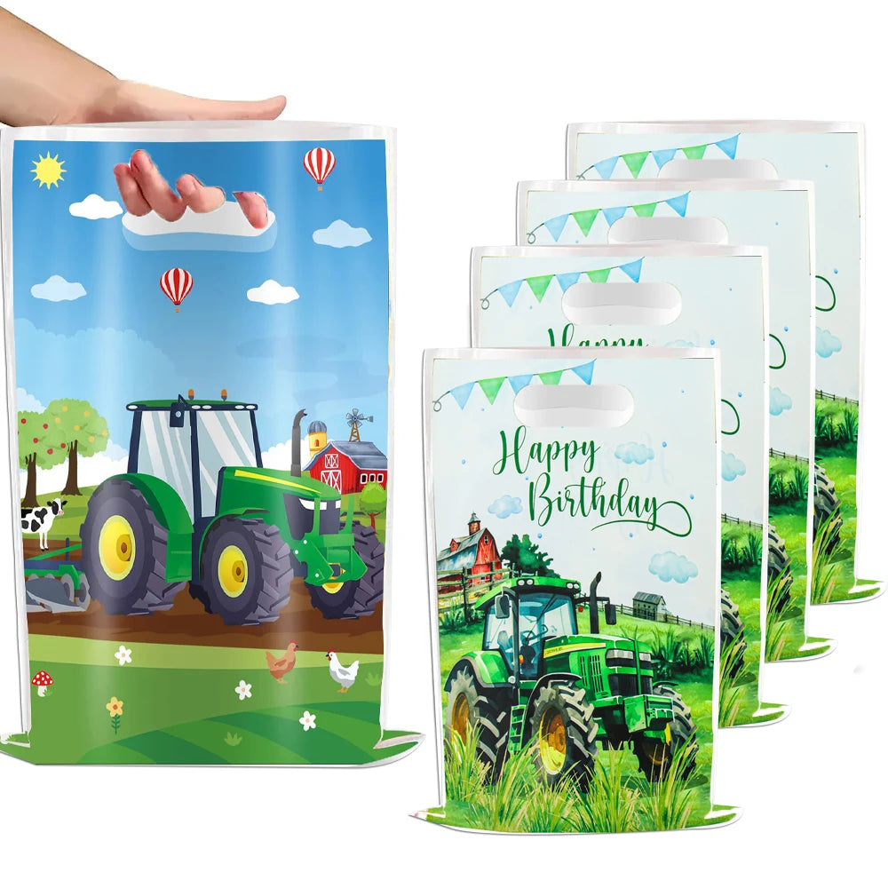 sacs cadeau anniversaire tracteur fermier poignées détachables paysage rural animaux couleurs happy birthday 17x25cm