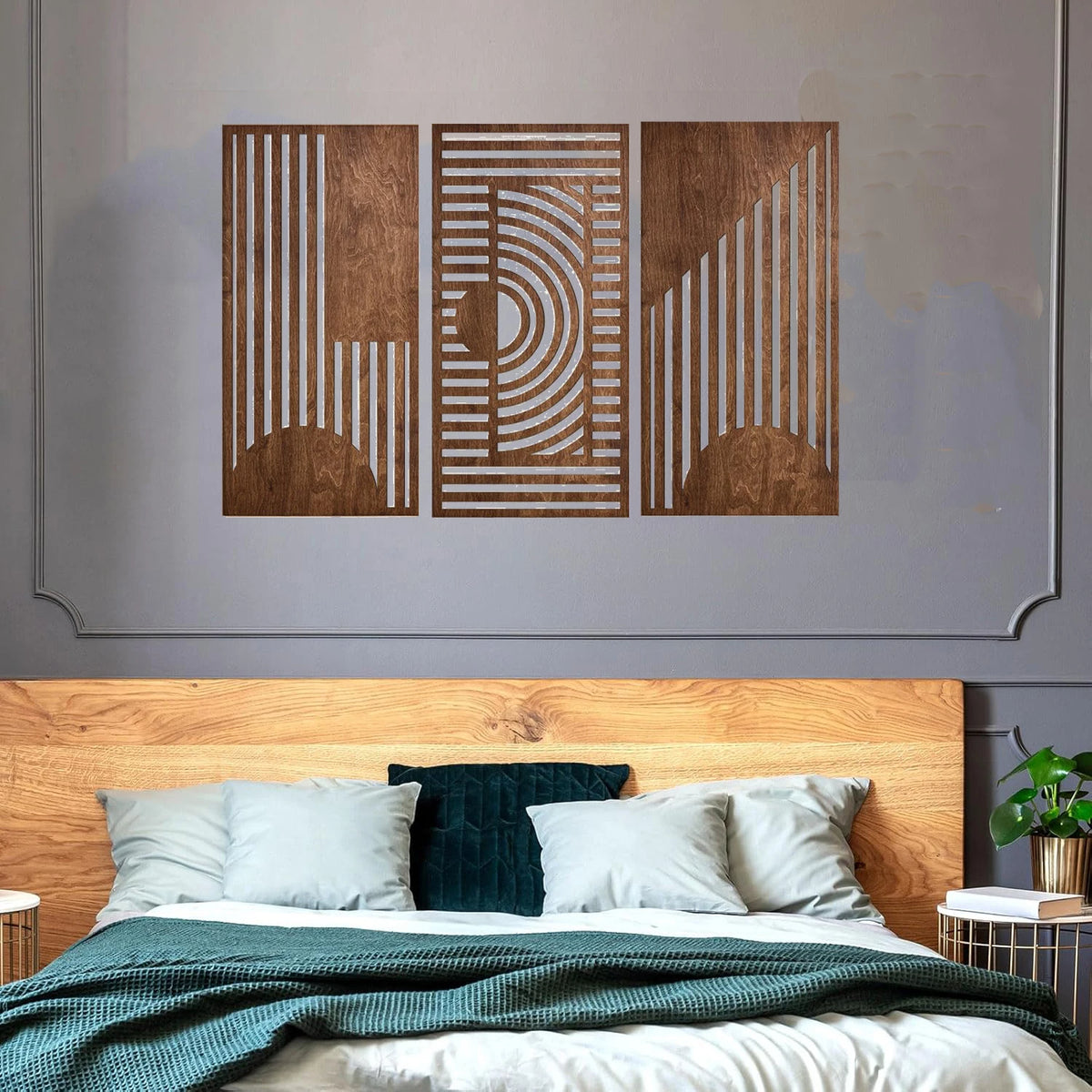 panneaux decoratifs bois geometriques moderne minimalistes abstraction artistique trois pieces murales