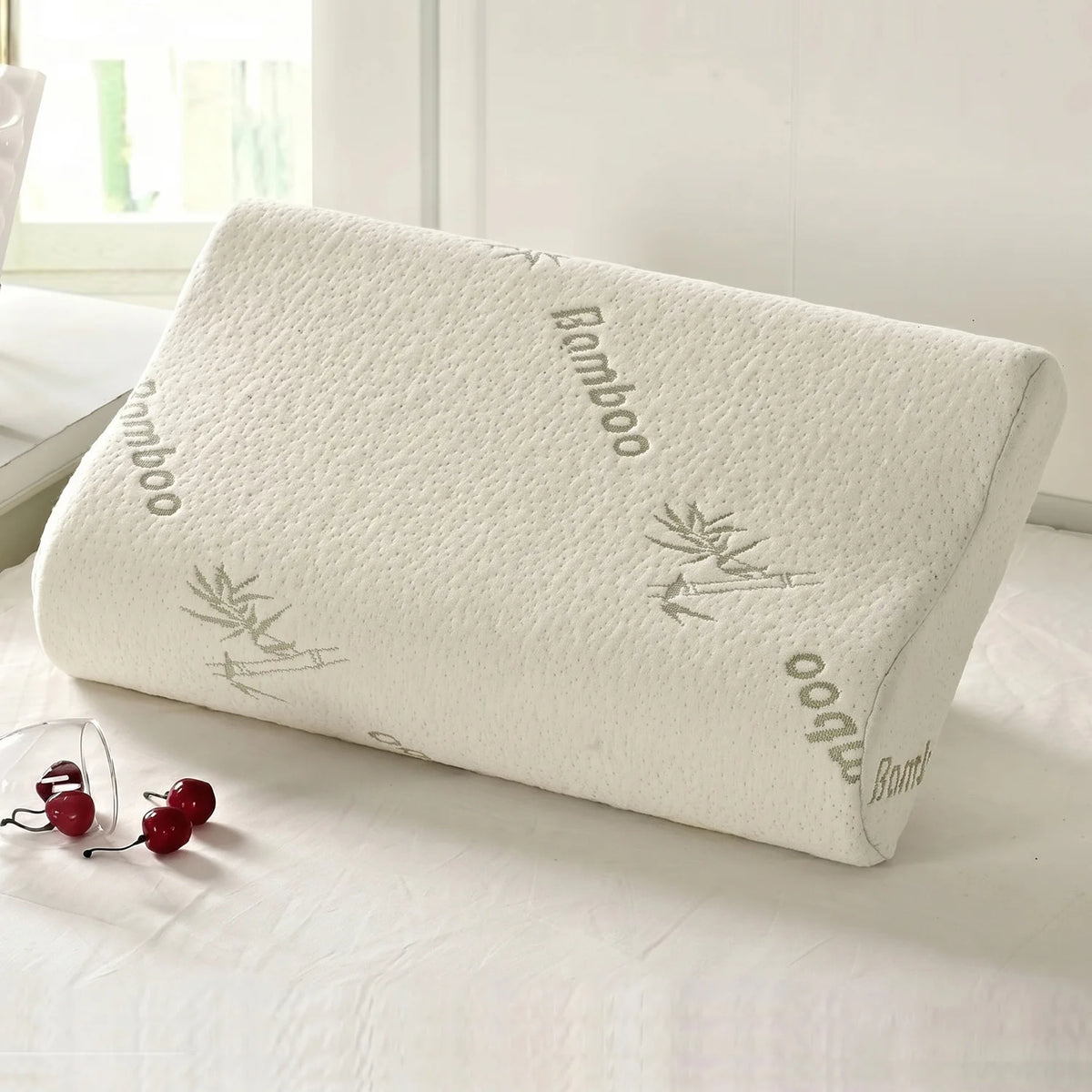 coussin imprimé bambou beige clair mousse mémoire forme cale literie rafraîchissante décompression cou