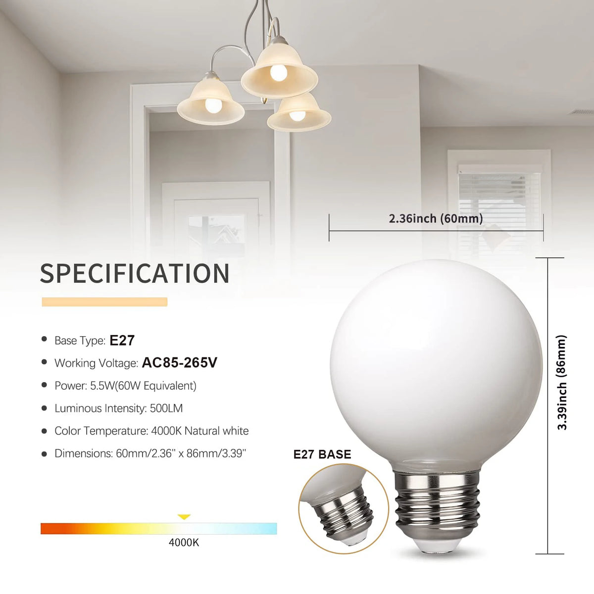 ampoules led globe blanc mat moderne e27 250 499 lumens 2700k 6500k 25000 heures
