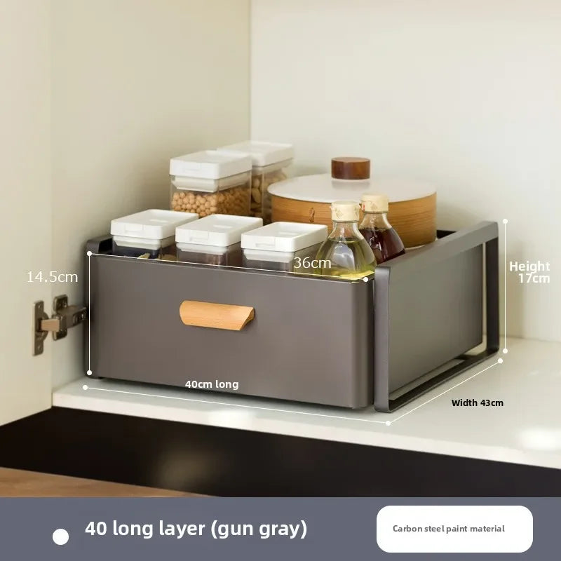 meuble tiroirs cuisine gris blanc poignées bois rangement sous évier
