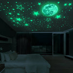 stickers muraux lumineux lune étoiles astronautes vaisseau spatial motif géométrique vert fluo adhésif décoration
