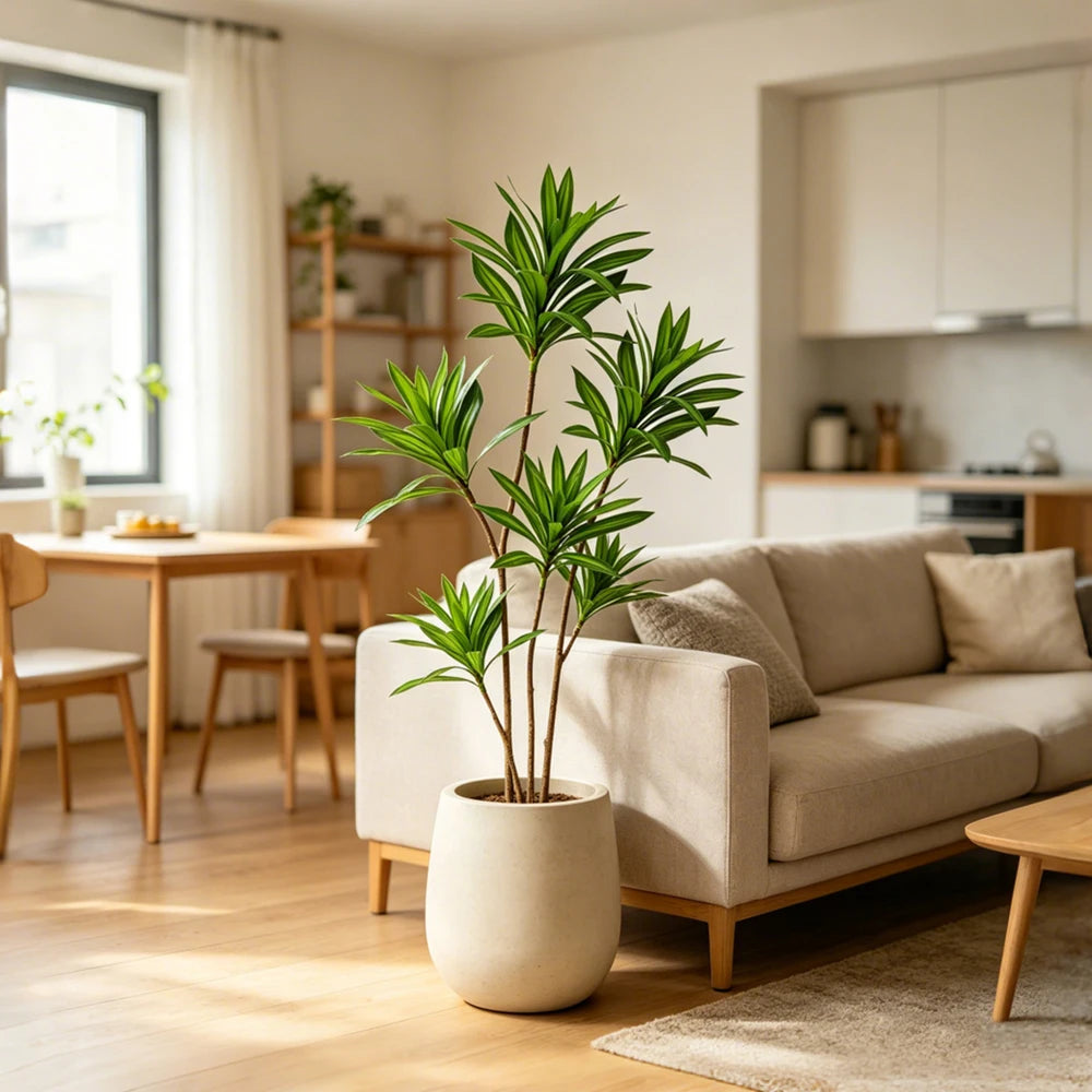 plantes vertes artificielles feuilles palmier faux bambou décoration intérieure pot beige tiges lancéolées tropical
