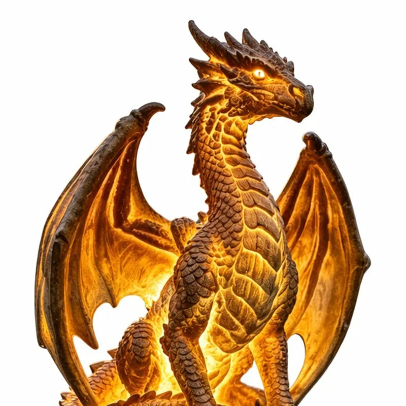 statue dragon solaire extérieur or noir jaune marron écailles ailes lumière led base roche
