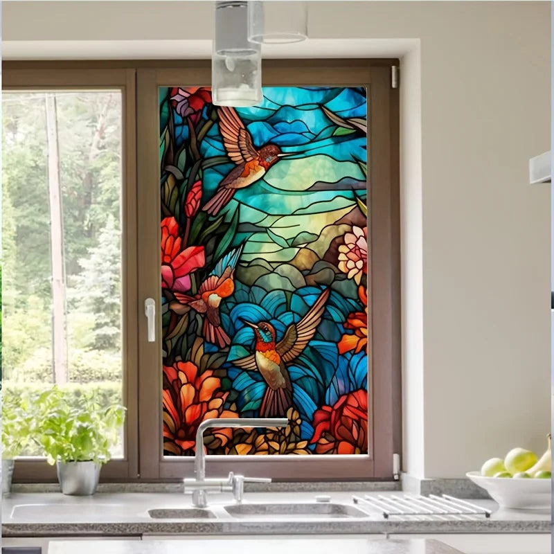 sticker décoration fenêtre vitrail oiseaux fleurs bleu rouge vert transparent art maison