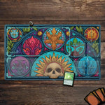 tapis jeu cartes artiste vitrail crâne fleurs feuilles symboles bleu vert orange rose noir
