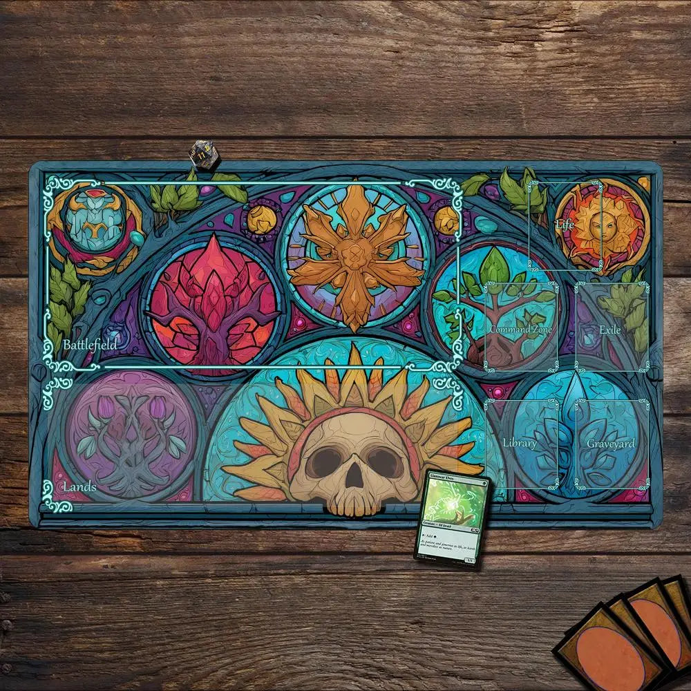tapis jeu cartes artiste vitrail crâne fleurs feuilles symboles bleu vert orange rose noir