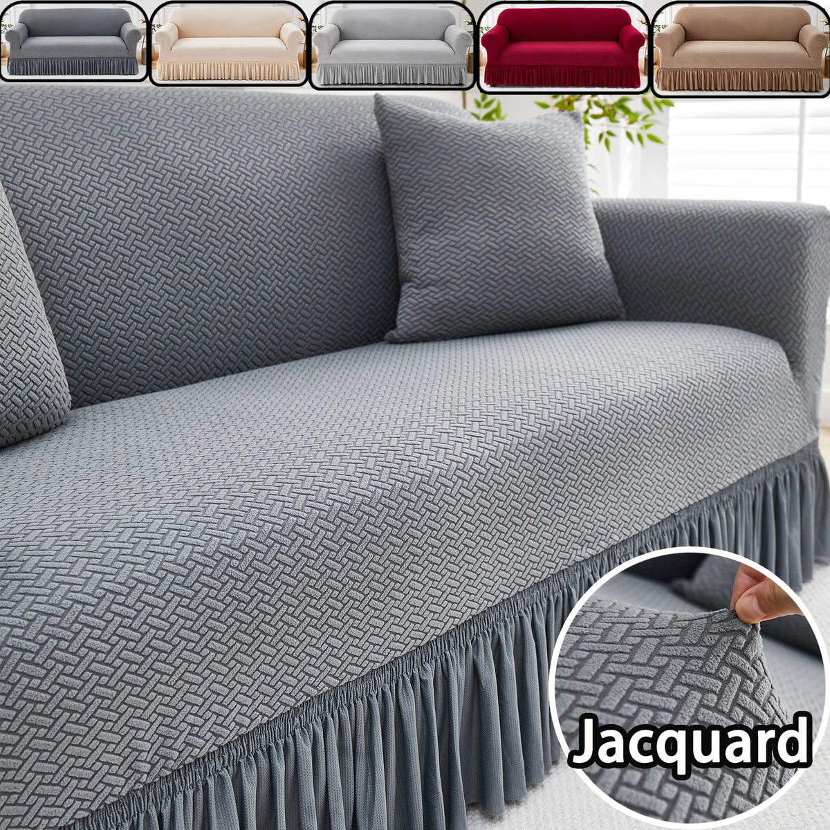 housse canapé extensible jacquard gris beige marron moderne adhésif salon deux places sectionnel machine