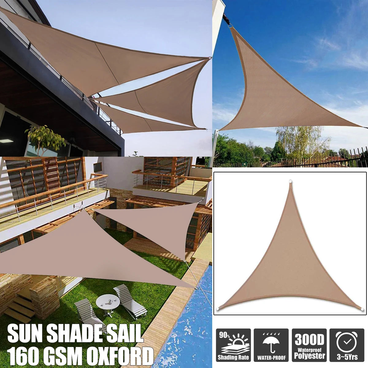 Voile d'ombrage triangulaire kaki installée dans un jardin