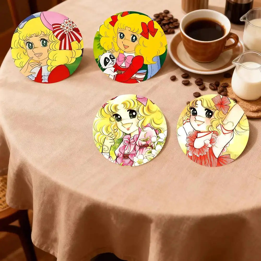 sous verres ronds fibre bambou multicolores illustration fille accessoires colorés dessin animé