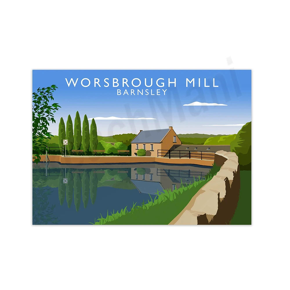 Paysage idyllique d'un moulin près d'un canal bordé d'arbres, reflétant un ciel bleu dans ses eaux calmes, dans la paisible campagne de Barnsley.