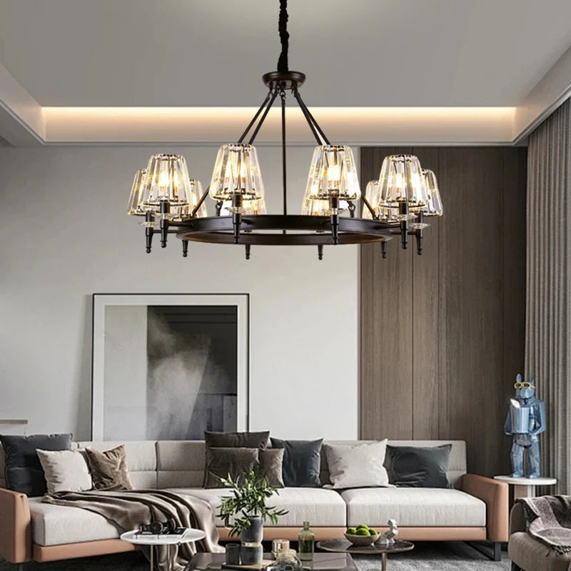 lustre moderne industriel verre taillé noir transparent suspension led abat jour cristal k9