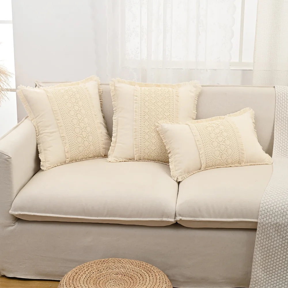 housse coussin bohème coton lin crochet beige vintage zippée maison canapé chaise voiture 45x45cm