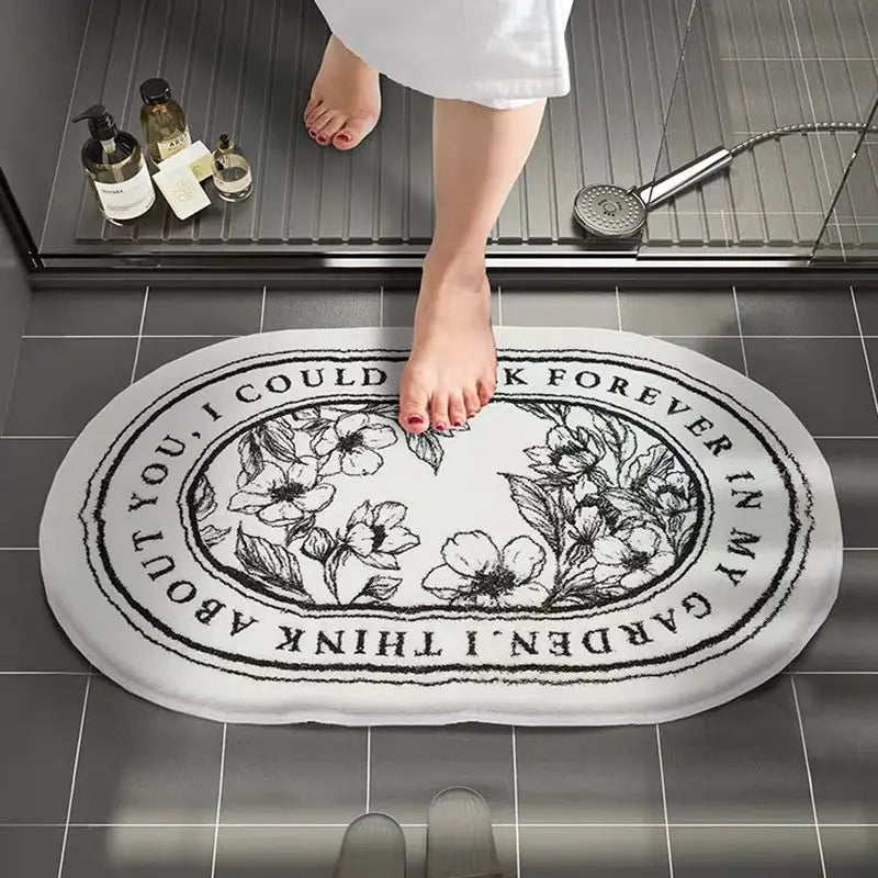 tapis bain antidérapant ovale motifs floraux blanc noir résistant antibactérie decorativeextérieur