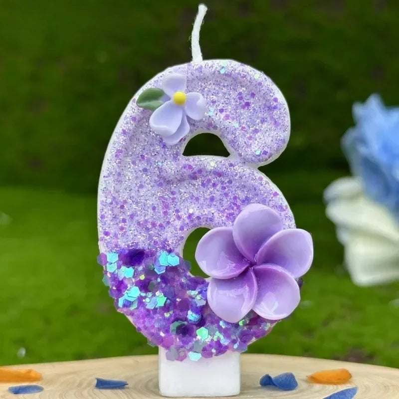 bougies chiffres violets fleurs anniversaire décoratives sans flamme enfants gâteau paillettes numérotation festive