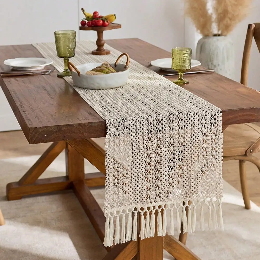 chemin table bohème rustique tressé beige franges décoration maison hiver noël automne été mariage