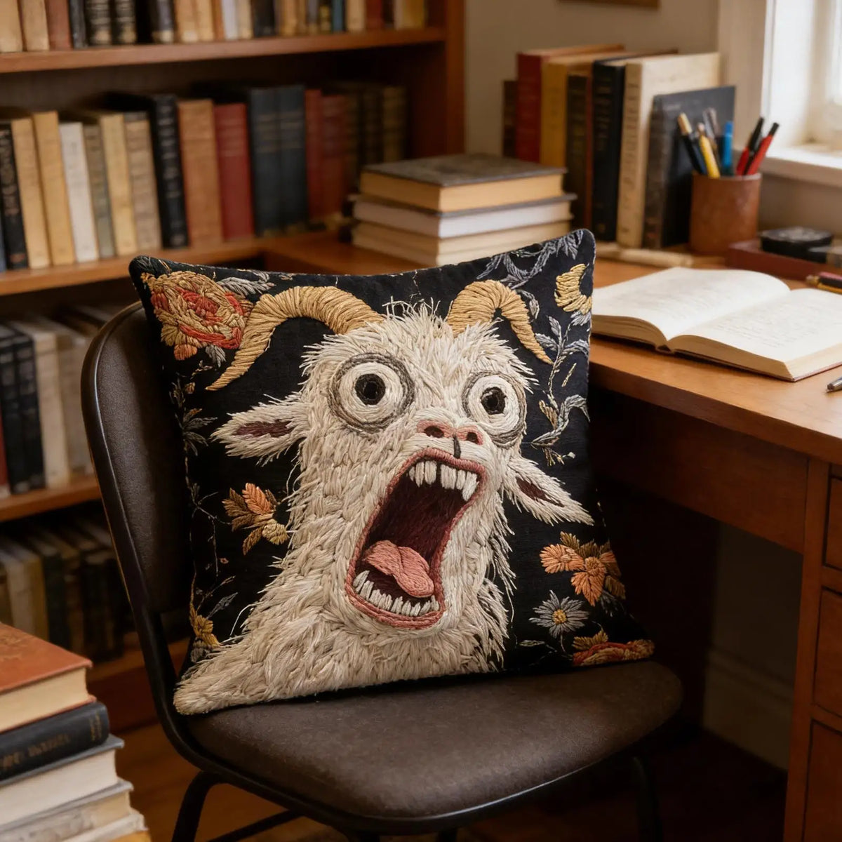 coussin illustration animal cornes yeux ouverts dents jaune noir maison salon chambre