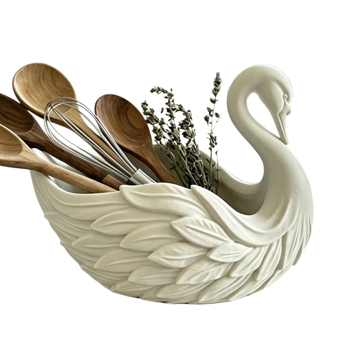 plateau forme cygne blanc plumes gravées élégant organisateur clés plantes succulentes herbes séchées décoratif