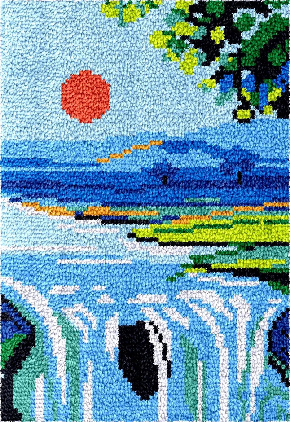 tapisserie crochet kit pelotes laine coussin motif coeurs paysage soleil montagnes artisanal français