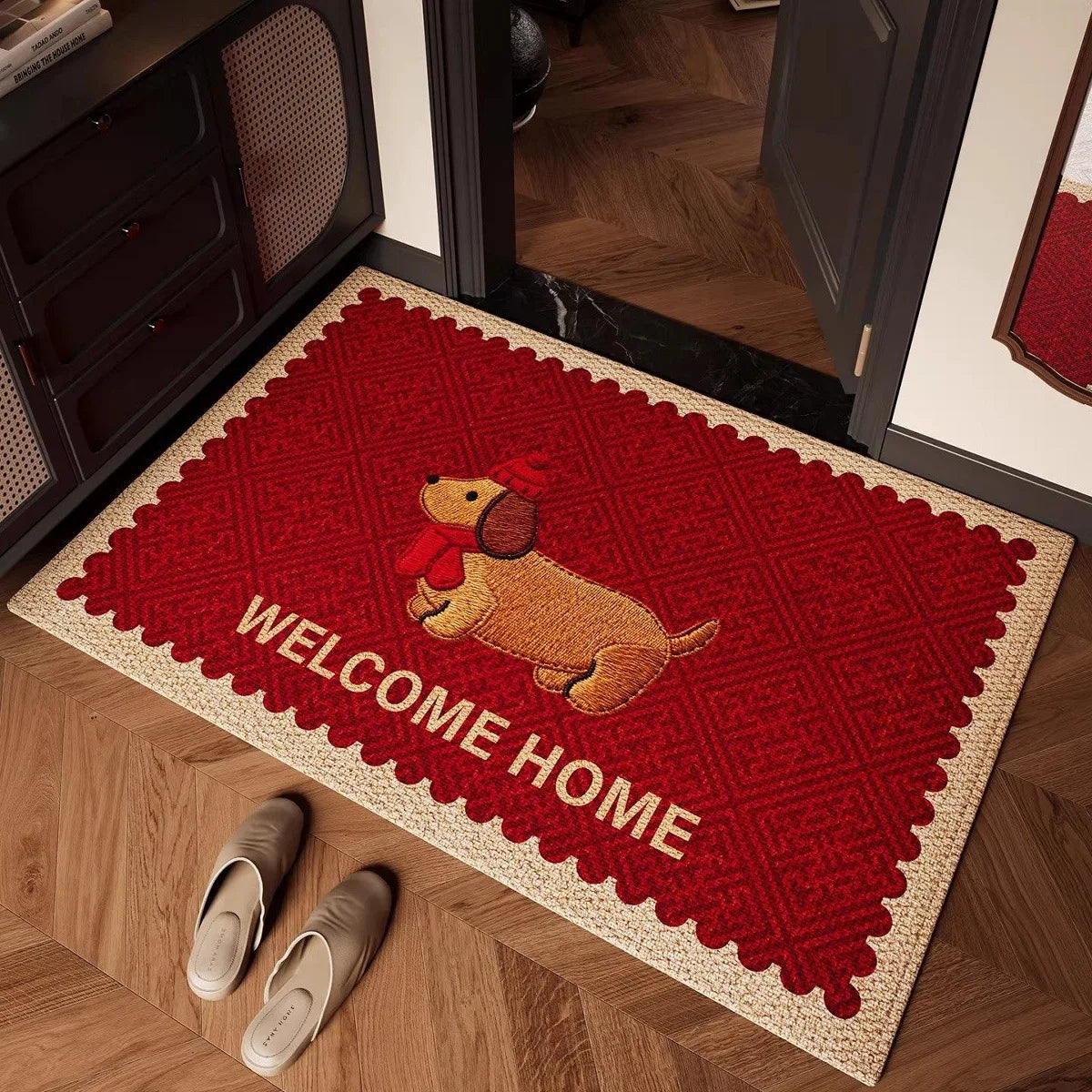 tapis d'entrée rouge beige motif géométrique antidérapant résistant décoloration 30x50cm 40x60cm 50x80cm bienvenue maison