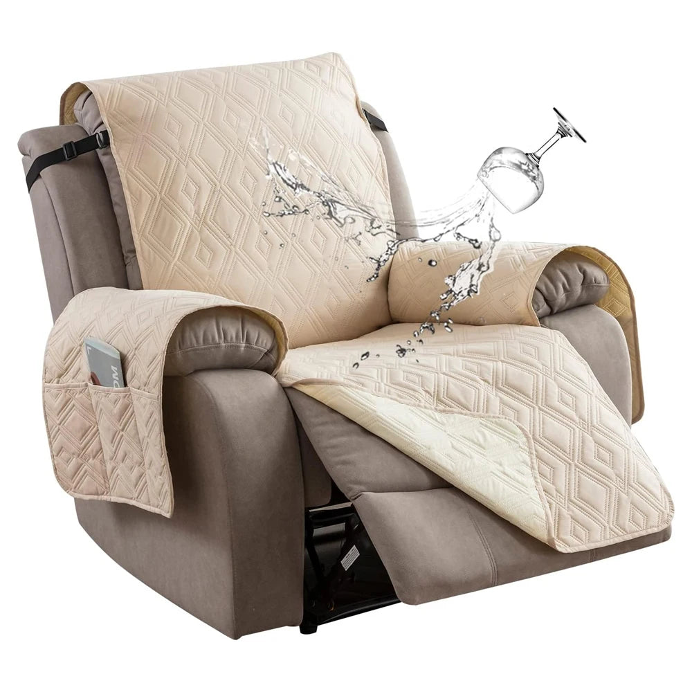 housse fauteuil inclinable motif géométrique gris beige moderne quilté poche rangement ceinture fixations